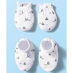 Babyhug 100% Cotton Knit  Mittens & Booties Set with Nautical Print - White