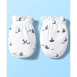 Babyhug 100% Cotton Knit  Mittens & Booties Set with Nautical Print - White