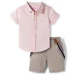 Babyhug Cotton Woven Half Sleeves Solid Color Shirt and Shorts Set With Suspender - Pink & Grey