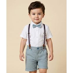 Babyhug Cotton Woven Half Sleeves Shirt & Short Set With Bow & Suspender - White