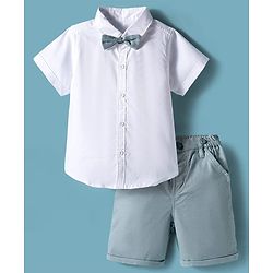 Babyhug Cotton Woven Half Sleeves Shirt & Short Set With Bow & Suspender - White