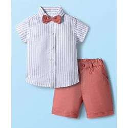 Babyhug Cotton Woven Half Sleeves Shirt & Shorts Set with Bow & Stripes - Rose Gold & White