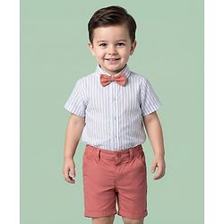 Babyhug Cotton Woven Half Sleeves Shirt & Shorts Set with Bow & Stripes - Rose Gold & White
