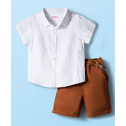 Babyhug Cotton Woven Half Sleeves Striped Shirt & Shorts Set with Suspender - White & Brown