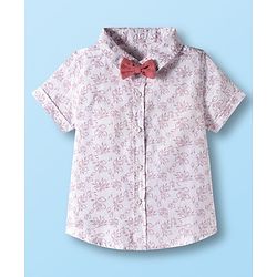 Babyhug Cotton Woven Half Sleeves Shirt & Shorts Set with Bow & Floral Print - Pink