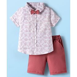 Babyhug Cotton Woven Half Sleeves Shirt & Shorts Set with Bow & Floral Print - Pink