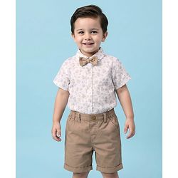 Babyhug Cotton Woven Half Sleeves Shirt & Shorts Set with Bow & Floral Print - Brown & Beige