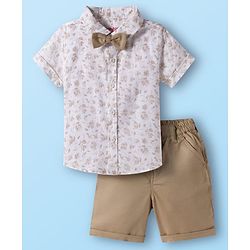 Babyhug Cotton Woven Half Sleeves Shirt & Shorts Set with Bow & Floral Print - Brown & Beige