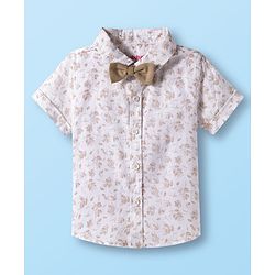 Babyhug Cotton Woven Half Sleeves Shirt & Shorts Set with Bow & Floral Print - Brown & Beige
