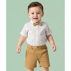 Babyhug Cotton Woven Half Sleeves Front-Open Shirt & Shorts Set with Bow & Stripes Print - White & Yellow