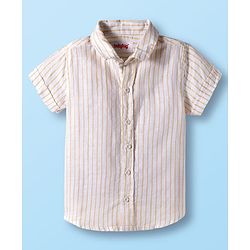 Babyhug Cotton Woven Half Sleeves Front-Open Shirt & Shorts Set with Bow & Stripes Print - White & Yellow