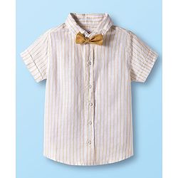 Babyhug Cotton Woven Half Sleeves Front-Open Shirt & Shorts Set with Bow & Stripes Print - White & Yellow