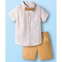 Babyhug Cotton Woven Half Sleeves Front-Open Shirt & Shorts Set with Bow & Stripes Print - White & Yellow