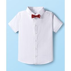 Babyhug Cotton Knit Half Sleeves Solid Color Shirt and Shorts Set with Bow & Suspender - White & Red