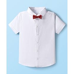 Babyhug Cotton Knit Half Sleeves Solid Color Shirt and Shorts Set with Bow & Suspender - White & Red