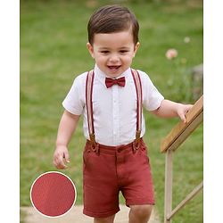 Babyhug Cotton Knit Half Sleeves Solid Color Shirt and Shorts Set with Bow & Suspender - White & Red