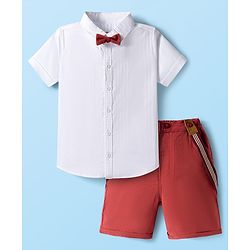 Babyhug Cotton Knit Half Sleeves Solid Color Shirt and Shorts Set with Bow & Suspender - White & Red