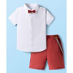 Babyhug Cotton Knit Half Sleeves Solid Color Shirt and Shorts Set with Bow & Suspender - White & Red