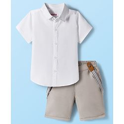 Babyhug Cotton Woven Half Sleeves Solid Color Shirt and Shorts Set with Suspender - White & Grey