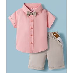 Babyhug Cotton Woven Half Sleeves Shirt & Shorts Set with Bow & Suspender - Light Peach & Beige