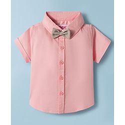 Babyhug Cotton Woven Half Sleeves Shirt & Shorts Set with Bow & Suspender - Light Peach & Beige