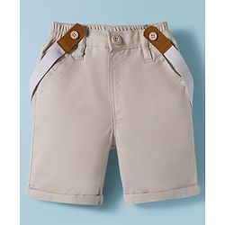 Babyhug Cotton Woven Half Sleeves Shirt & Shorts Set with Bow & Suspender - Light Peach & Beige
