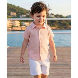 Babyhug Cotton Woven Half Sleeves Front Open Solid Color Shirt and Shorts Set - Light Peach & White