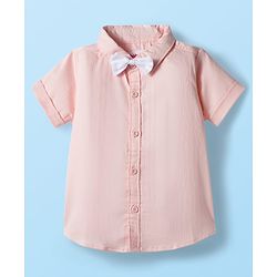 Babyhug Cotton Woven Half Sleeves Front Open Solid Color Shirt and Shorts Set - Light Peach & White