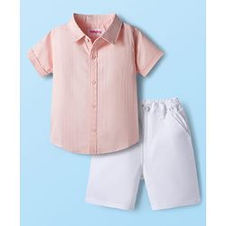 Babyhug Cotton Woven Half Sleeves Front Open Solid Color Shirt and Shorts Set - Light Peach & White