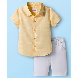 Babyhug Cotton Woven Half Sleeves Front-Open Shirt & Shorts Set with Stripes Design - White & Yellow