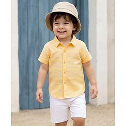 Babyhug Cotton Woven Half Sleeves Front-Open Shirt & Shorts Set with Stripes Design - White & Yellow