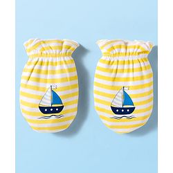 Babyhug 100% Cotton Knit Mittens and Bootie Set with Stripes & Boat Print - White & Yellow