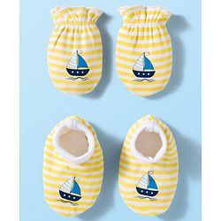 Babyhug 100% Cotton Knit Mittens and Bootie Set with Stripes & Boat Print - White & Yellow