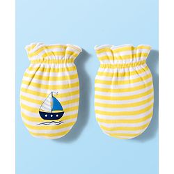 Babyhug 100% Cotton Knit Mittens and Bootie Set with Stripes & Boat Print - White & Yellow