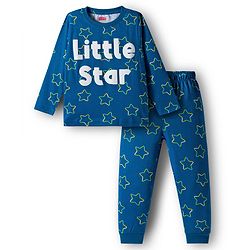 Babyhug Cotton Knit Full Sleeves Night Suit With Little Star Text Print - Navy Blue
