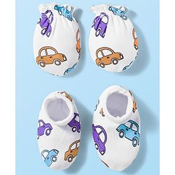 Babyhug 100% Cotton Knit  Mittens & Booties Set with Vehicle Print - White