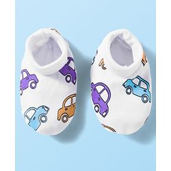 Babyhug 100% Cotton Knit  Mittens & Booties Set with Vehicle Print - White