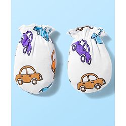 Babyhug 100% Cotton Knit  Mittens & Booties Set with Vehicle Print - White