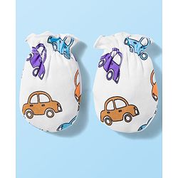 Babyhug 100% Cotton Knit  Mittens & Booties Set with Vehicle Print - White