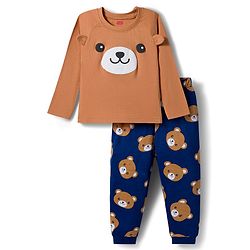 Babyhug Cotton Knit Full Raglan Sleeves Night Suit With Animal Print - Brown