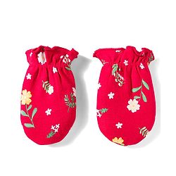 Babyhug 100% Cotton Knit Cap Mittens & Booties With Floral Print Red - Diameter 14.5 cm