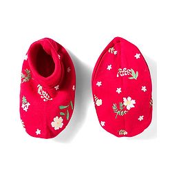 Babyhug 100% Cotton Knit Cap Mittens & Booties With Floral Print Red - Diameter 14.5 cm
