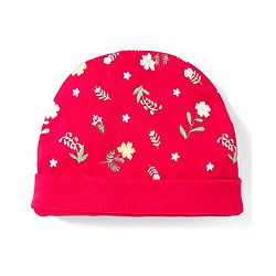 Babyhug 100% Cotton Knit Cap Mittens & Booties With Floral Print Red - Diameter 14.5 cm