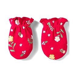 Babyhug 100% Cotton Knit Cap Mittens & Booties With Floral Print Red - Diameter 14.5 cm