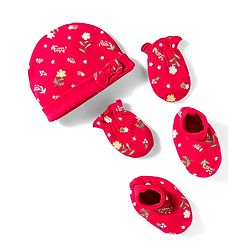 Babyhug 100% Cotton Knit Cap Mittens & Booties With Floral Print Red - Diameter 14.5 cm