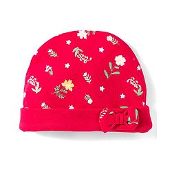 Babyhug 100% Cotton Knit Cap Mittens & Booties With Floral Print Red - Diameter 14.5 cm