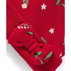 Babyhug 100% Cotton Knit Cap Mittens & Booties With Floral Print Red - Diameter 14.5 cm
