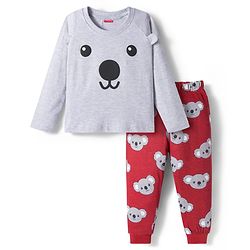 Babyhug Cotton Knit Full Sleeves Night Suit with Bear Print & Ear Applique - Grey