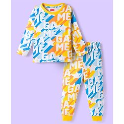 Babyhug Cotton Knit Full Sleeves Co-ords Night Suit With Text Print - Yellow & White
