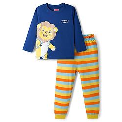 Babyhug Cotton Knit Full Sleeves Night Suit With Tiger Print - Navy Blue